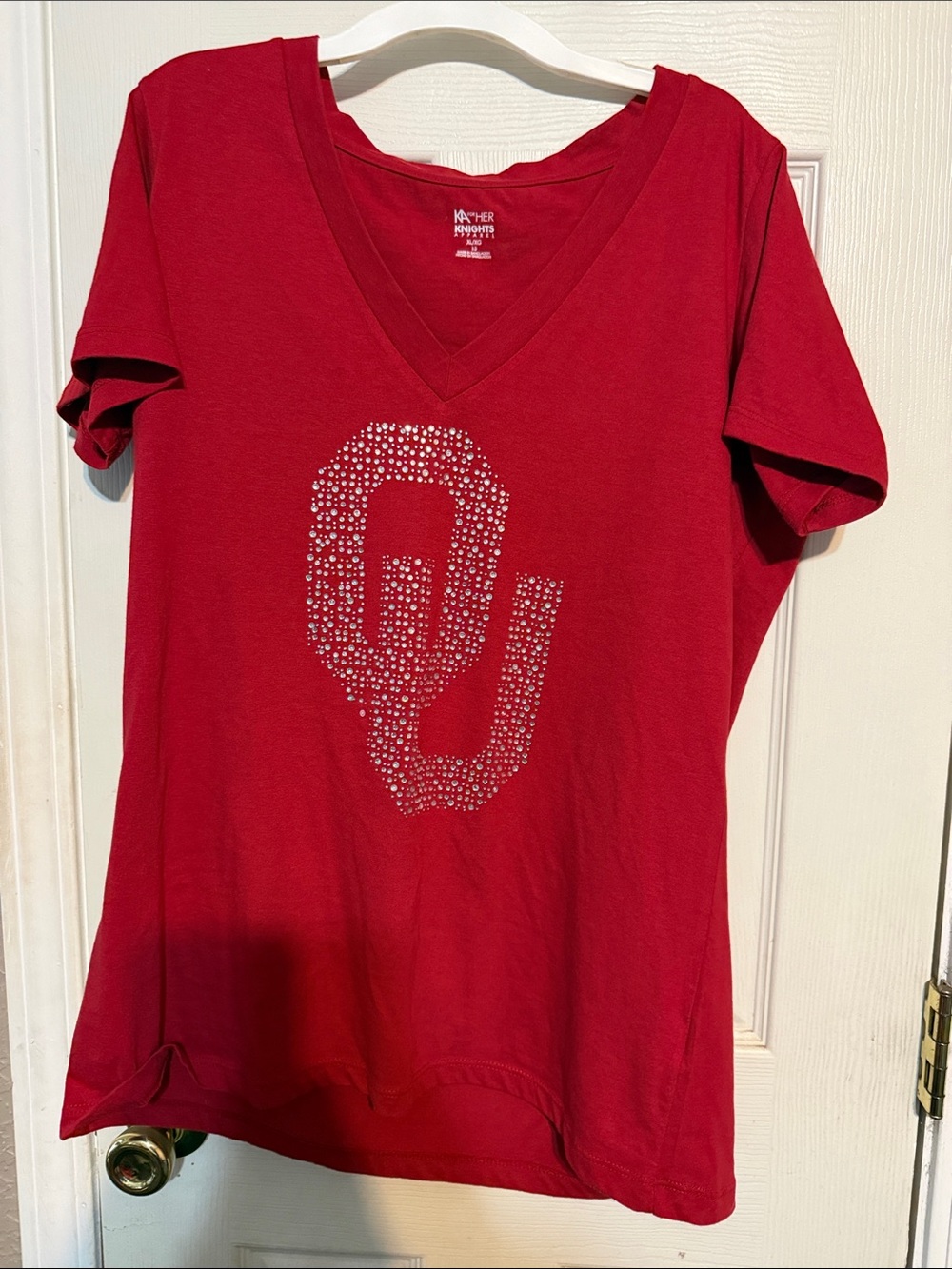Knights Apparel Red V-Neck Tee with Crystal OU Logo